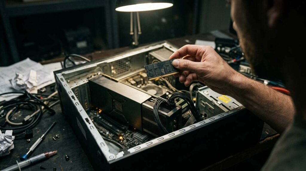 Memory stick over an open PC with an AI accelerator card
