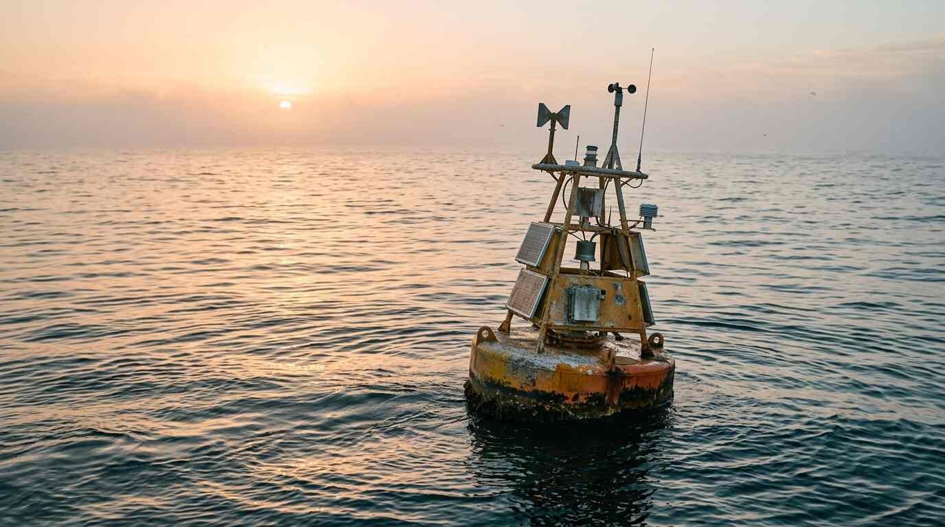Research buoy floating on warm tropical ocean water at sunrise