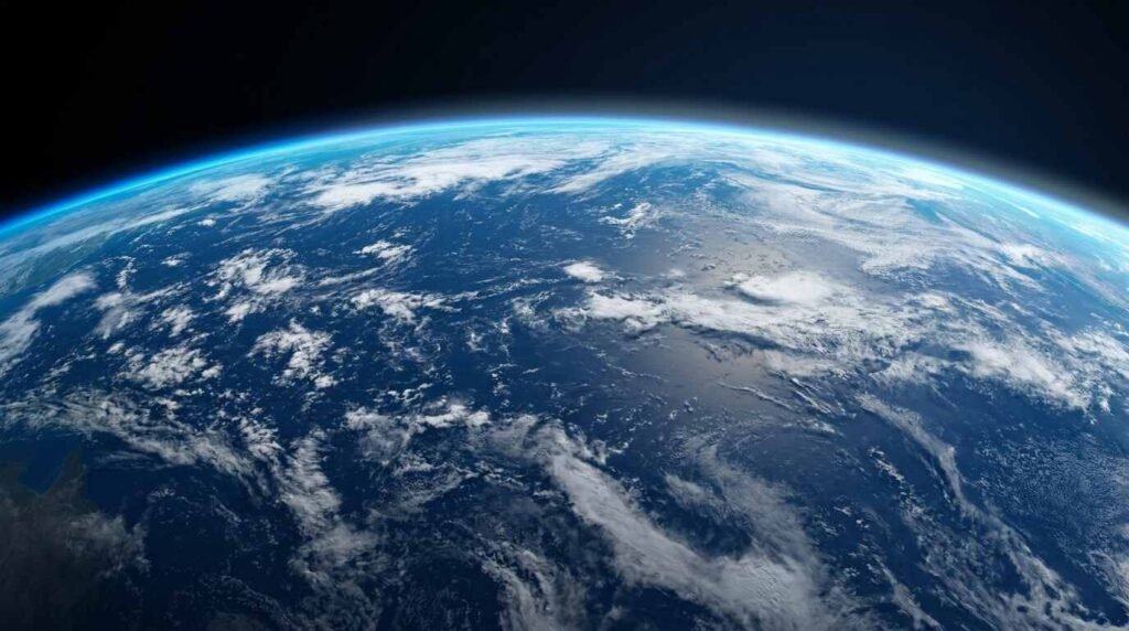 Pacific Ocean from space with swirling cloud bands