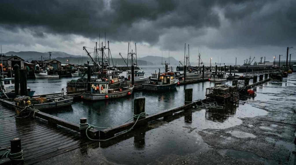 Fishing boats moored in a harbor under heavy rain clouds