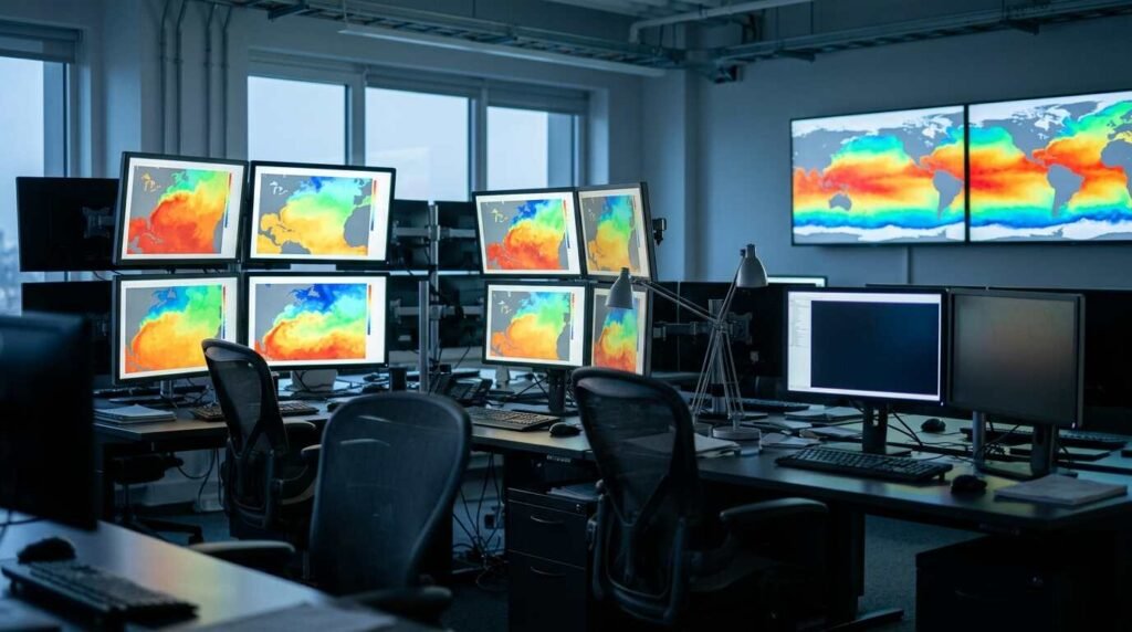 Forecasting office with monitors showing ocean temperature maps
