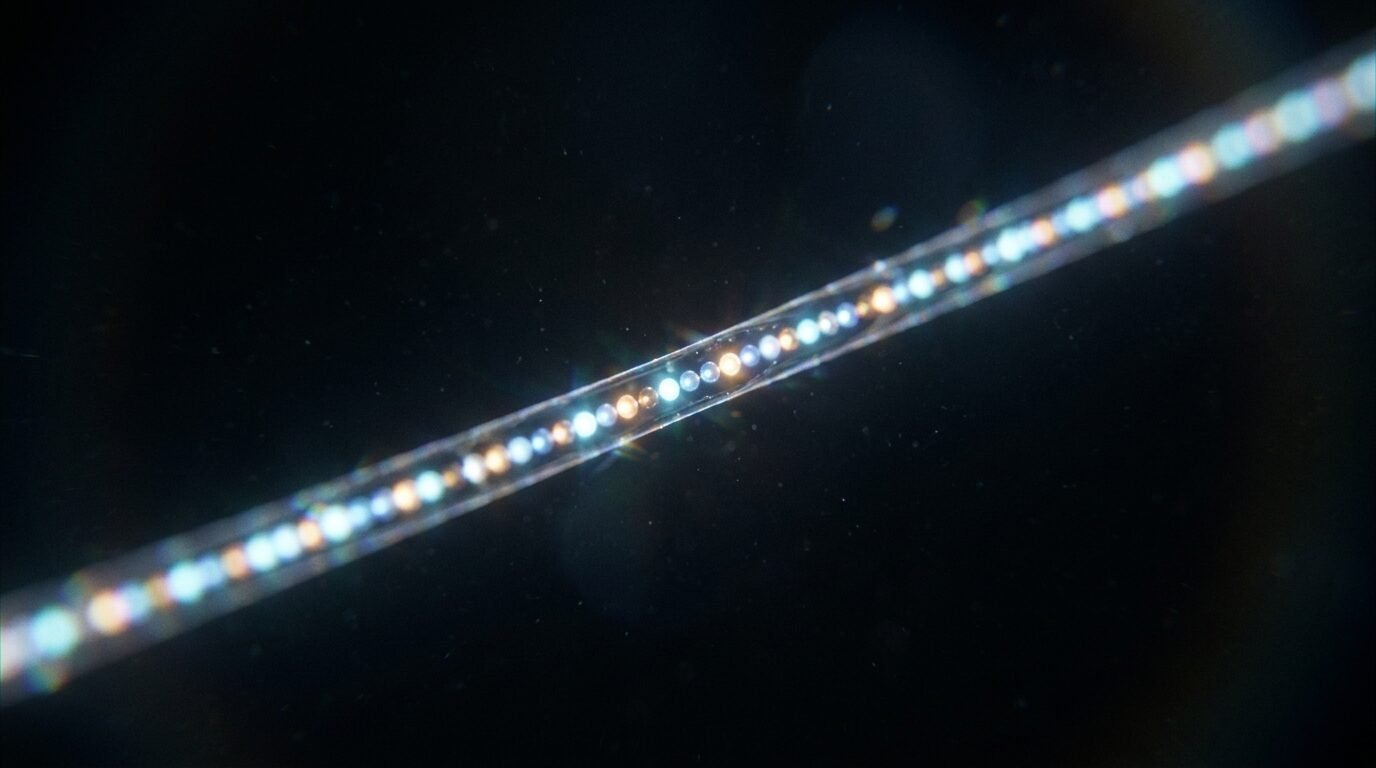 Long thin tube of glowing points of light like atoms in a single row