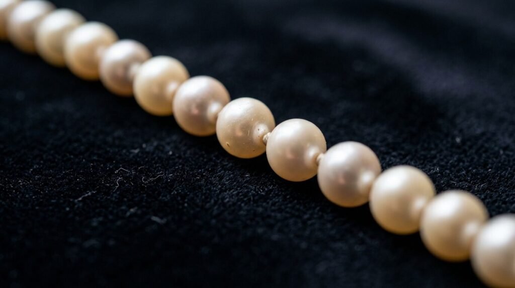 Strand of pearls in a straight line on dark velvet