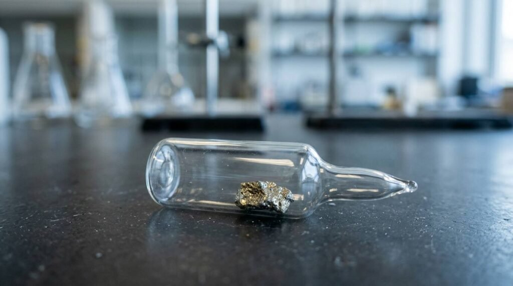 Sealed glass ampoule holding a metallic sample on a lab bench