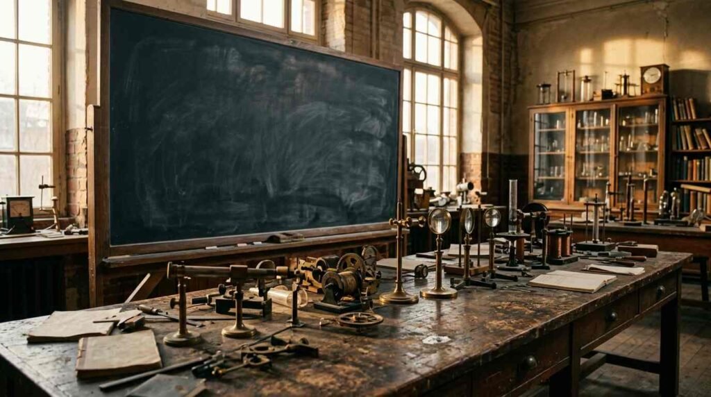 Old university physics laboratory with brass instruments and a blank chalkboard