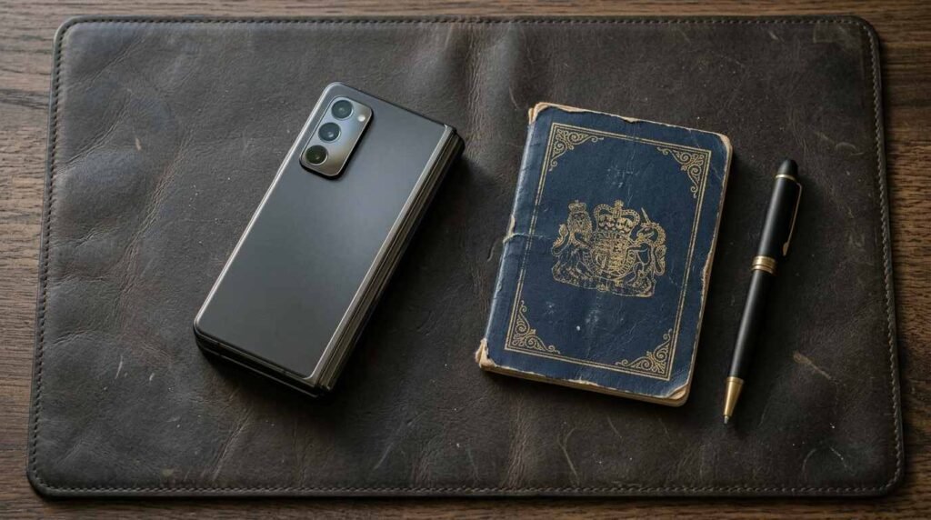 Foldable phone beside a passport