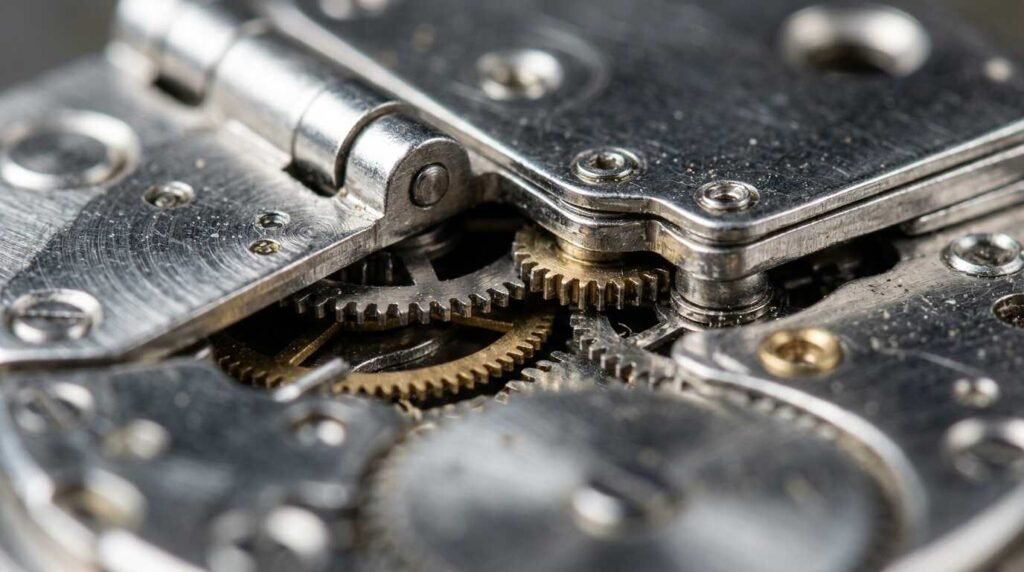 Precision metal hinge mechanism close up