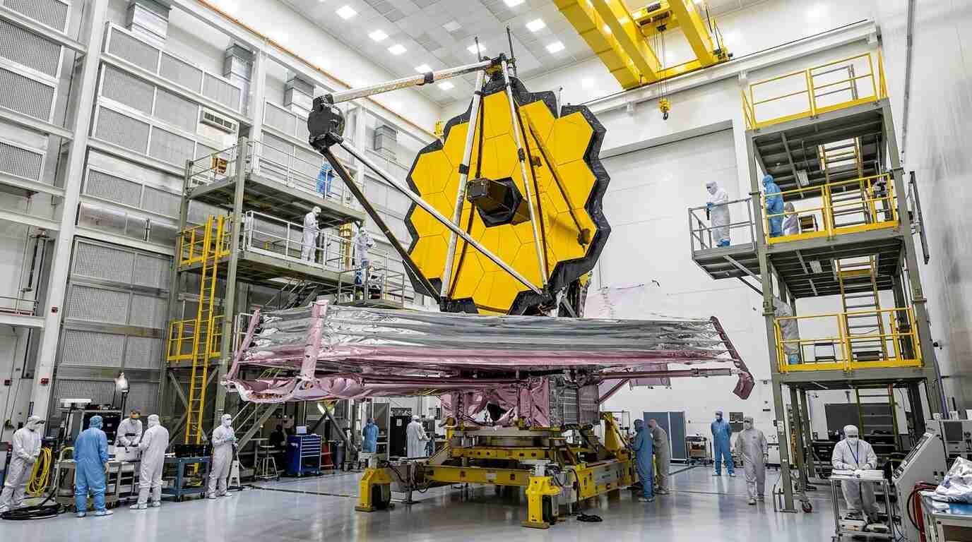 Space telescope with a golden segmented mirror in a clean room