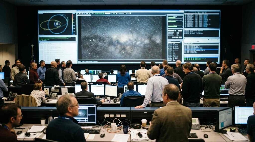 Mission control room watching a first image arrive
