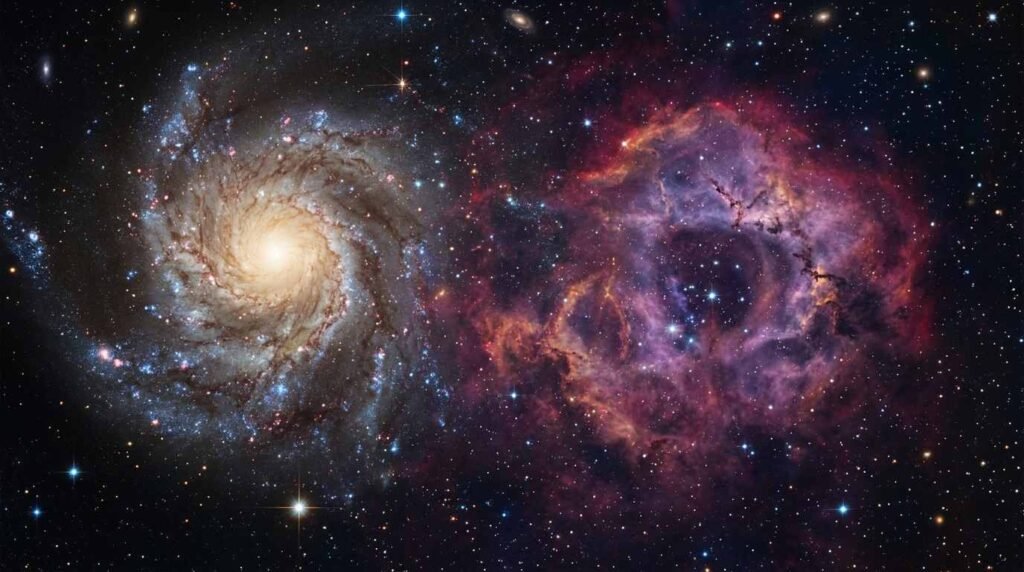 Spiral galaxy and a nebula in deep space