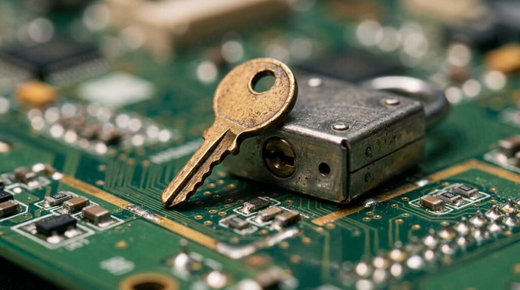 Digital key certificate icon over a circuit board
