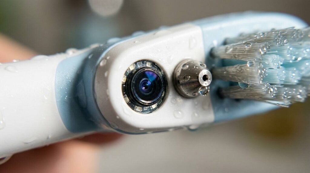 Macro of a toothbrush camera lens and water jet nozzle