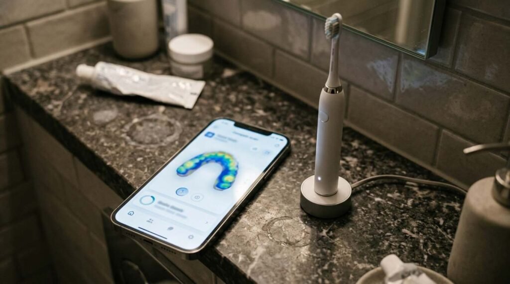Smartphone beside a toothbrush charging stand