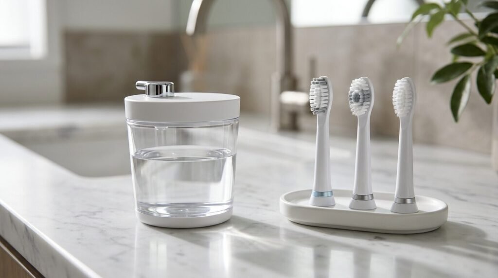 Toothbrush heads and a water reservoir on a marble counter