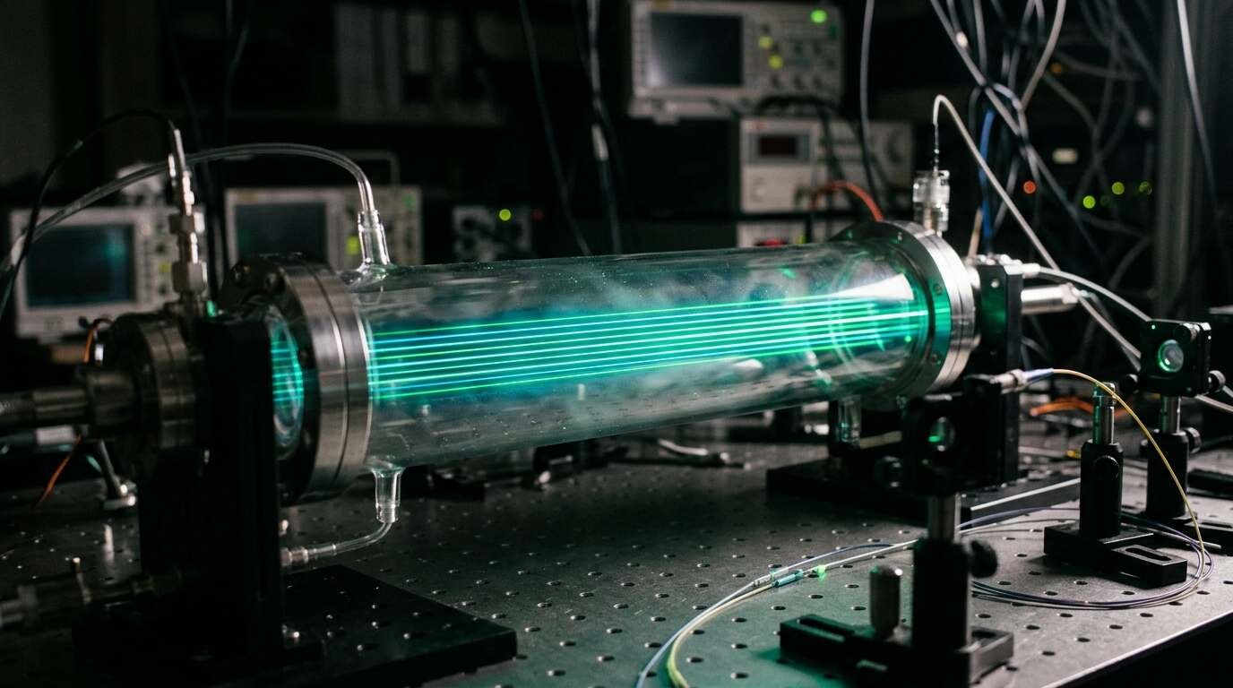 Vacuum glass cell with parallel glowing laser lines