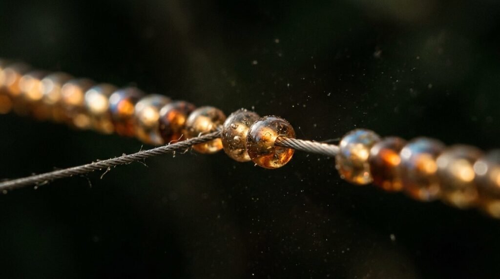 Row of tiny glowing beads strung along a thin wire