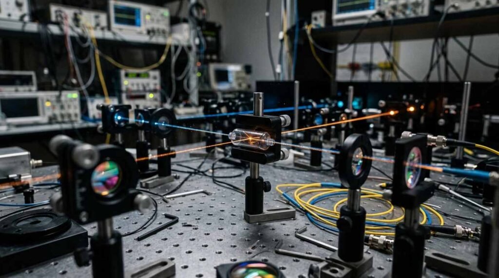 Physics lab laser table with a glass vapor cell on a mount