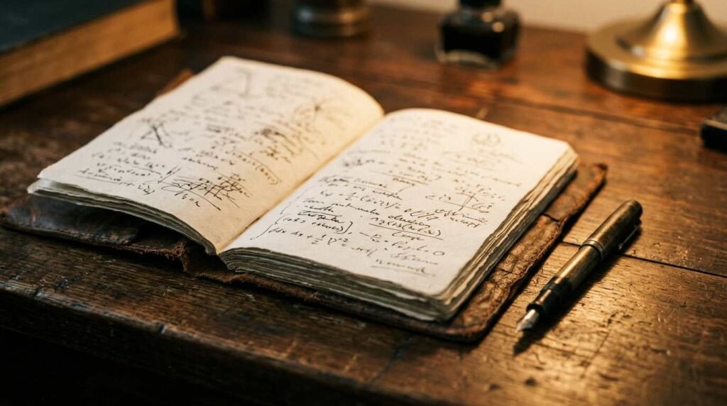 Old leather notebook with handwritten calculations beside a fountain pen