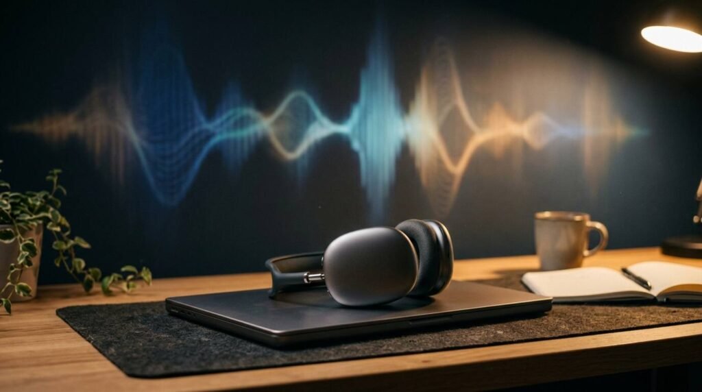 Headphones on a laptop in a quiet home office