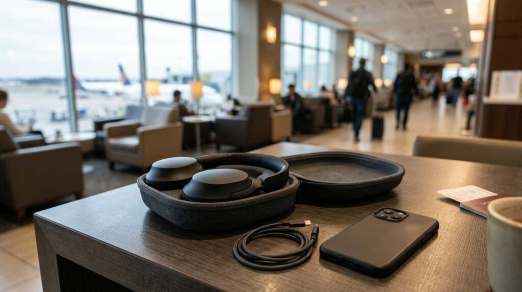 Headphones in a travel case with a USB-C cable