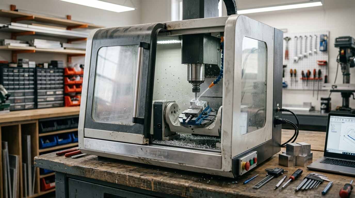 Desktop 5-axis CNC mill cutting an aluminum part