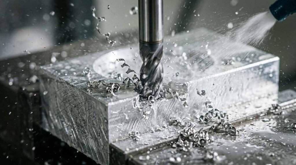 End mill cutting metal with coolant mist and aluminum chips