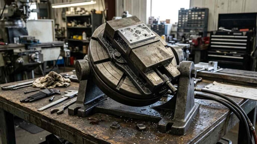 Rotary trunnion table holding a small machined part