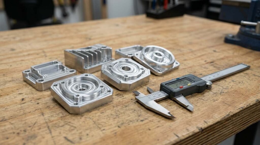 Finished aluminum parts beside a digital caliper