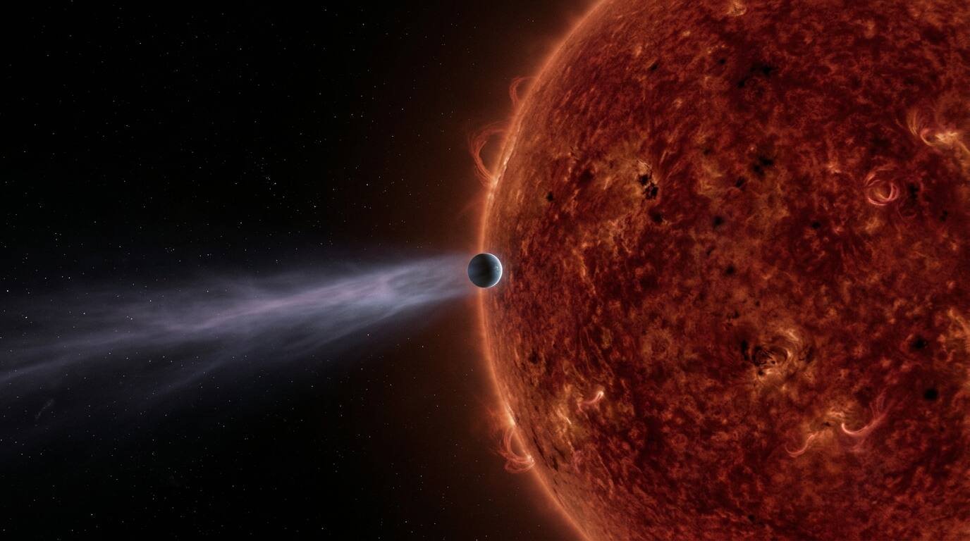 Small blue-gray planet crossing a dim red dwarf star with a pale gas tail