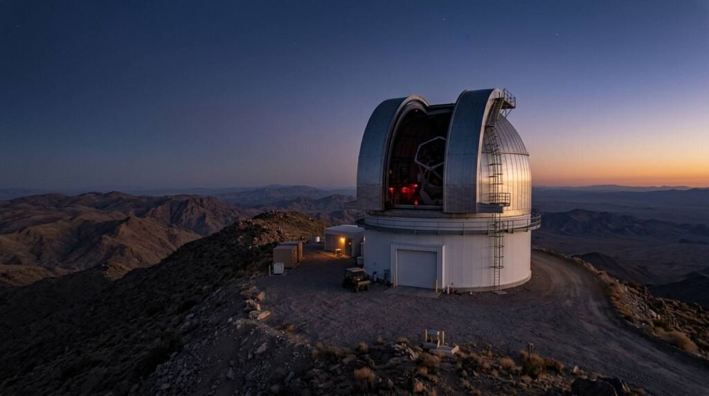 Ground-based telescope dome open at twilight on a desert mountaintop