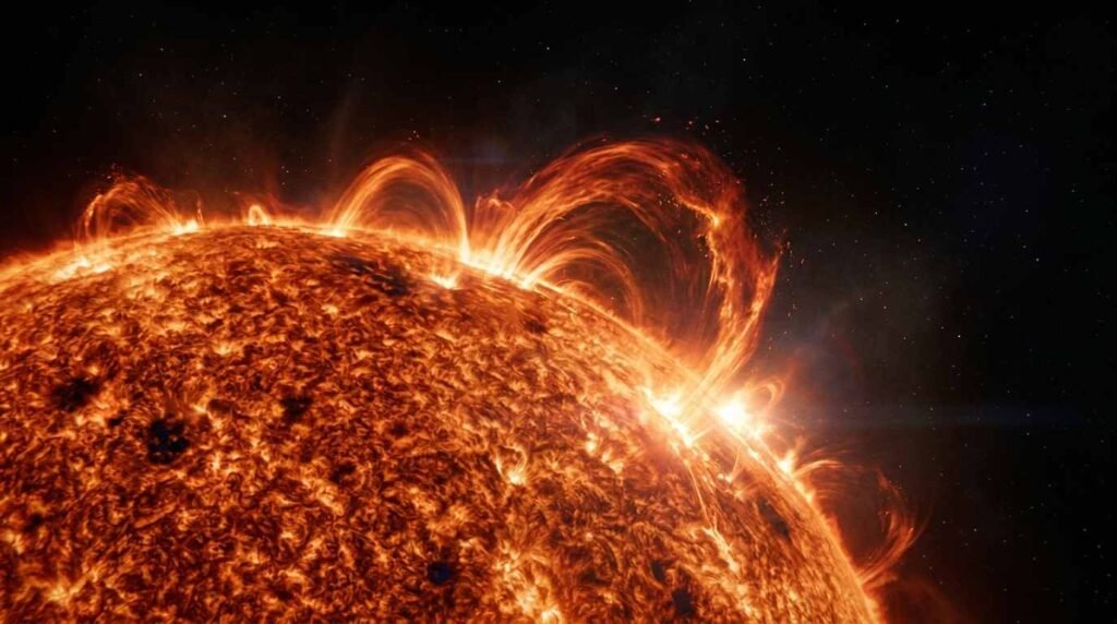 Glowing orange surface of a small red dwarf star with prominences