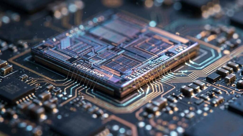 Macro of a smartphone processor chip on a circuit board