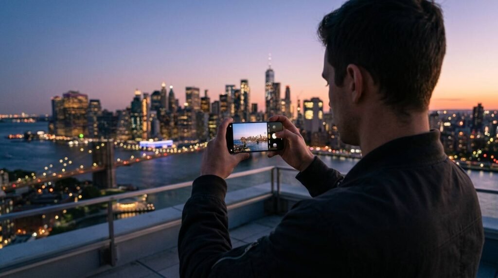 Photographer shooting a city skyline at dusk with a phone