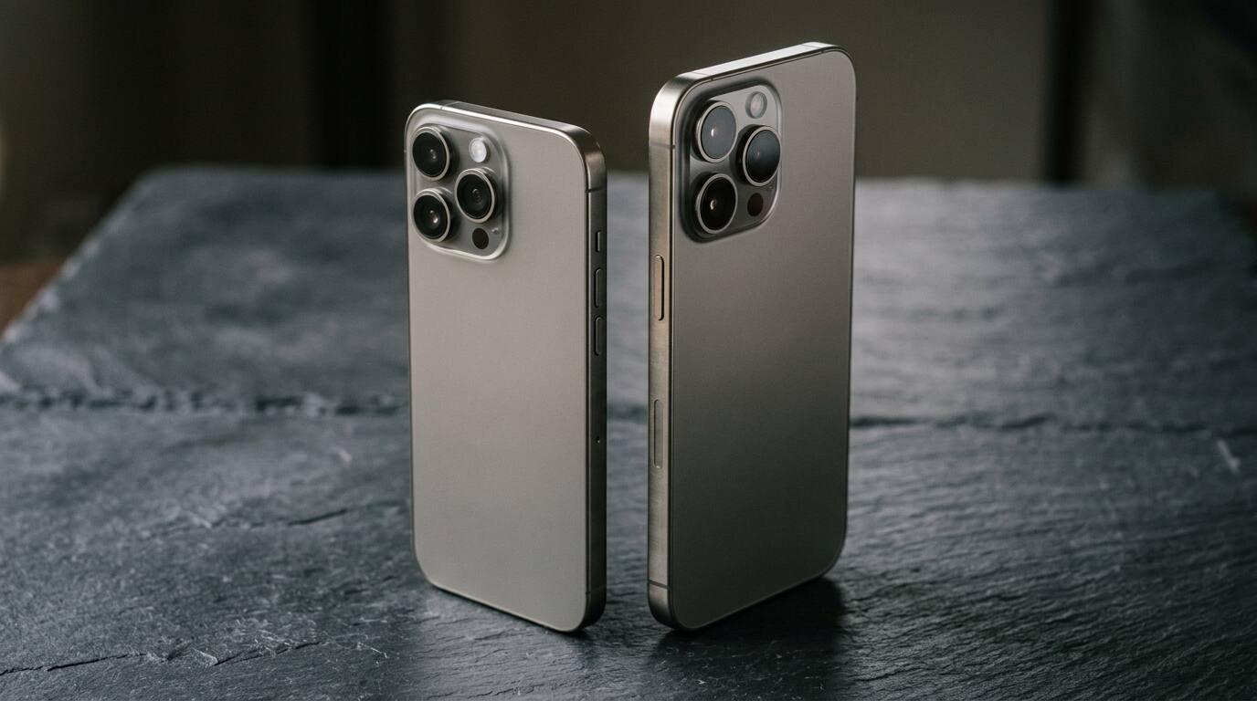 Standard and larger flagship phones side by side on slate