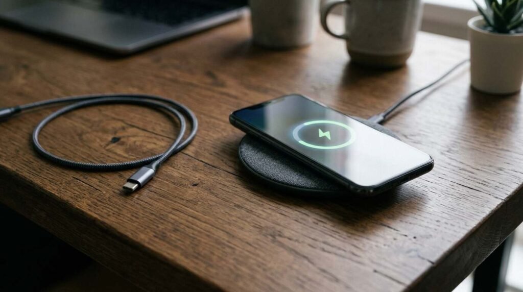 Smartphone charging on a wireless pad with a USB-C cable