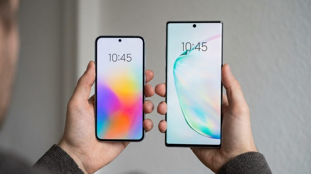 Hands comparing a large phone and a smaller phone