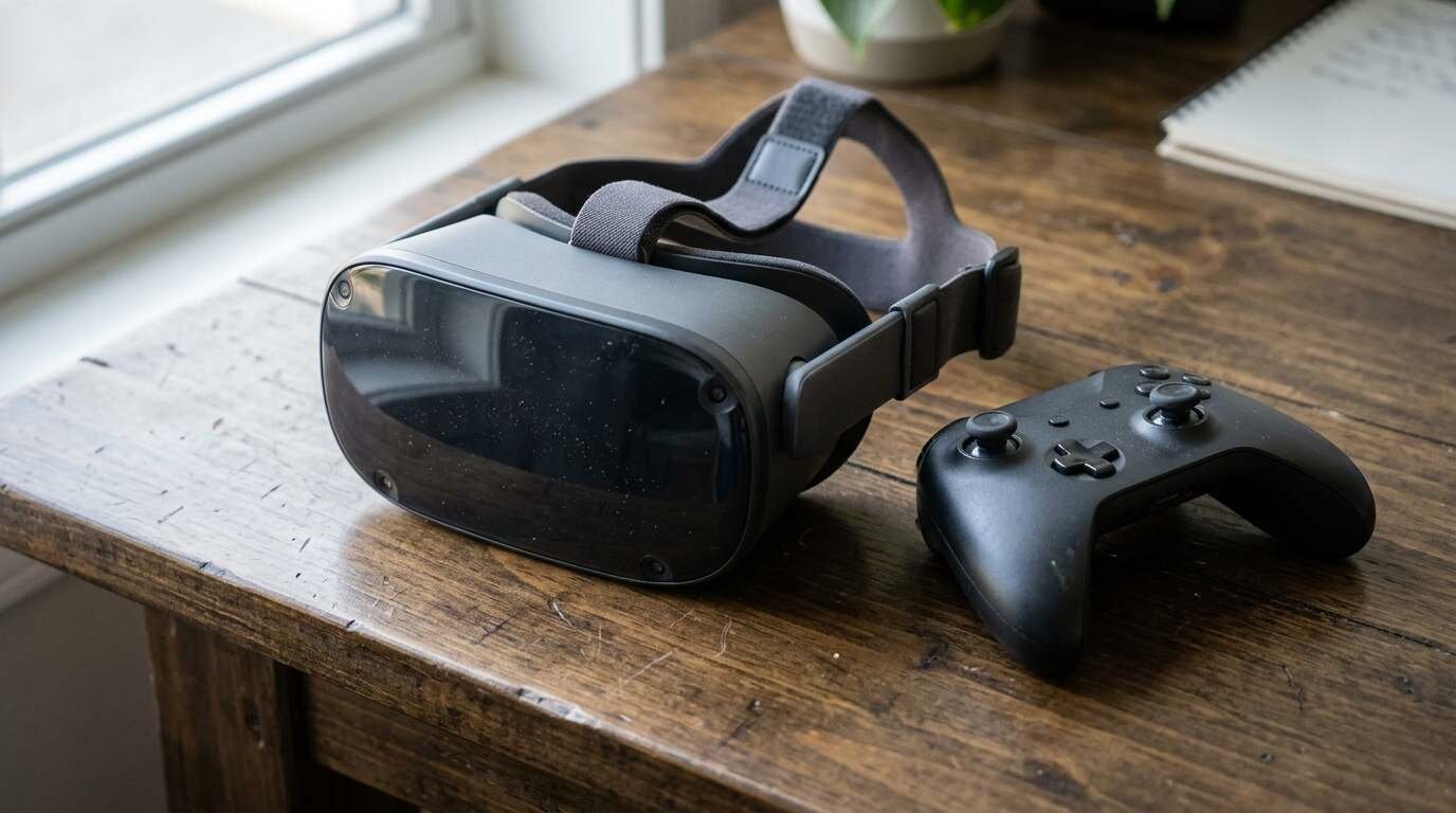 Compact standalone VR headset beside a game controller on a desk