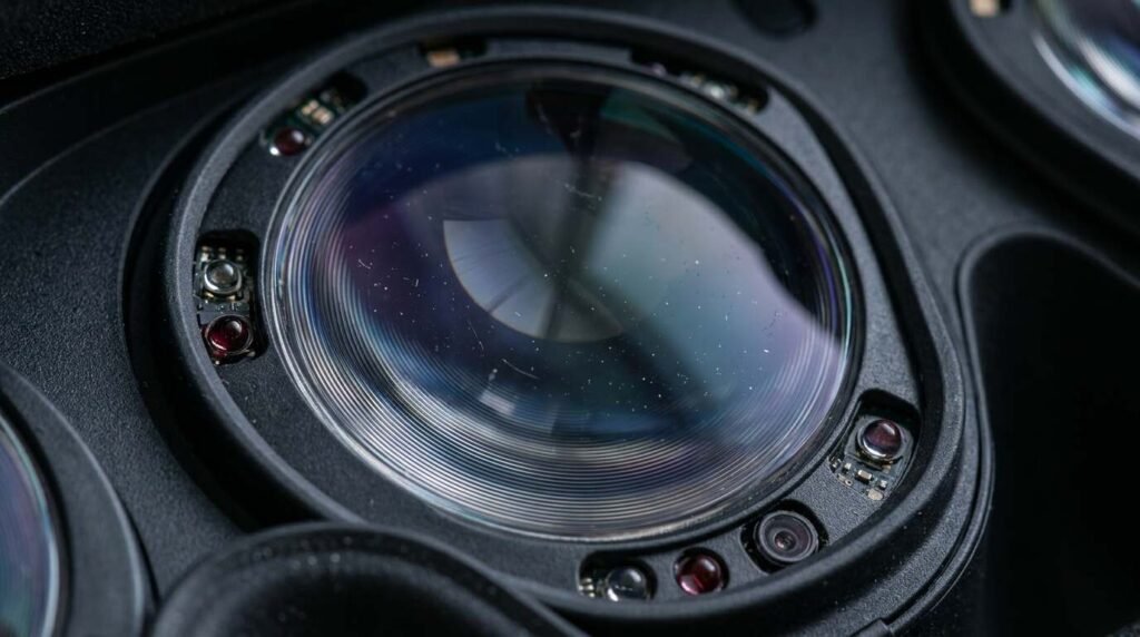 Macro of a VR headset lens and eye-tracking sensors