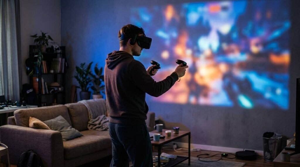Gamer wearing a VR headset in a living room