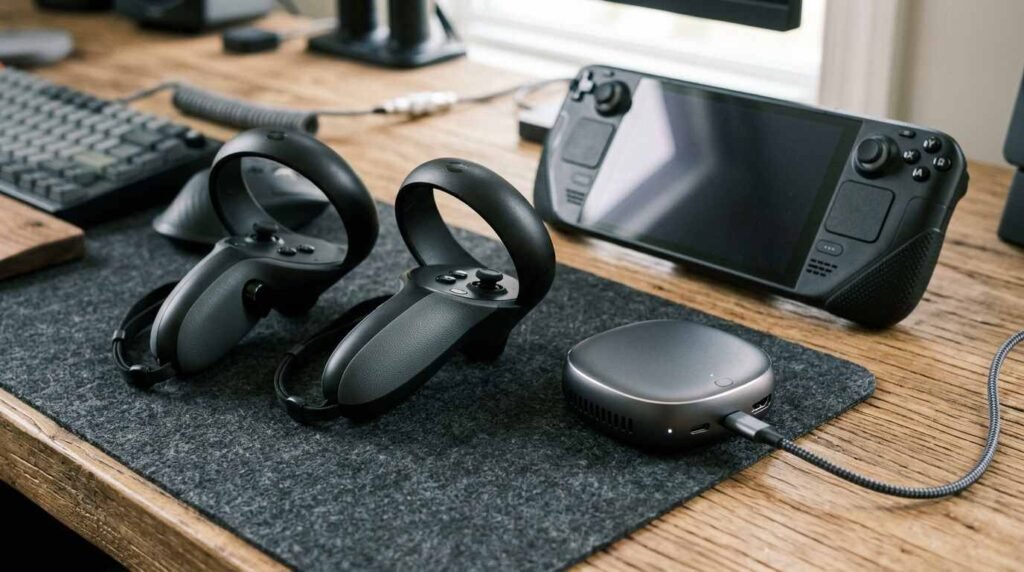 VR controllers and a compute puck beside a handheld console