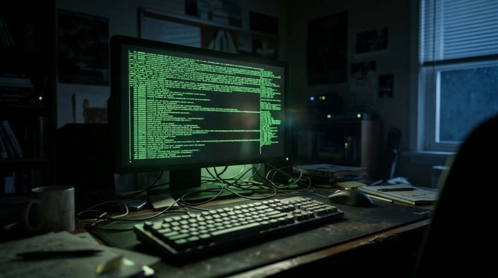 Dark monitor with green terminal lines