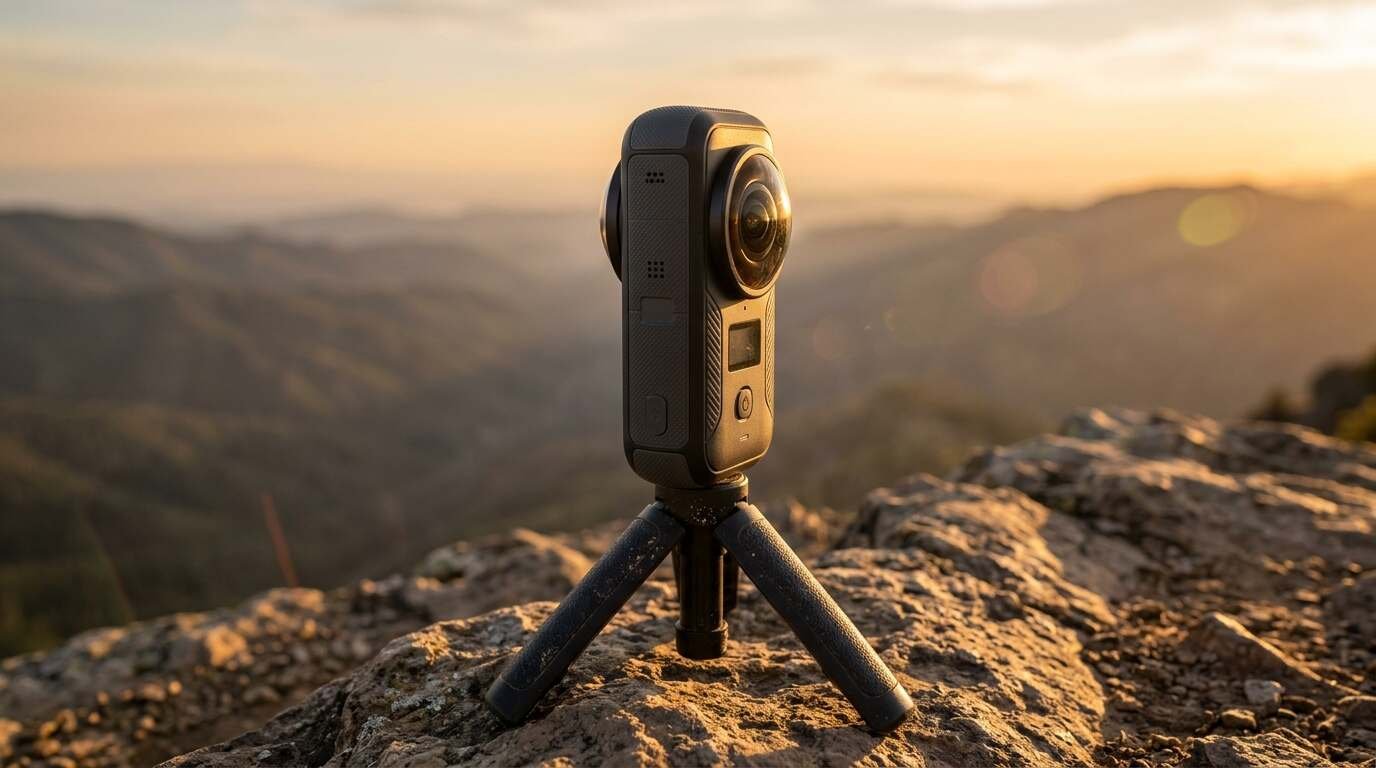360-degree action camera on a tripod at a mountain overlook