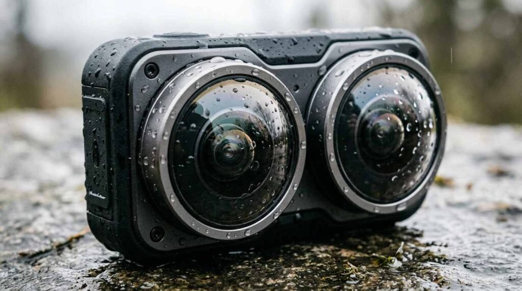 Two fisheye lenses on a small camera body with water droplets