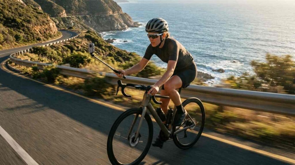 Cyclist with a 360 camera on a selfie stick on a coastal road