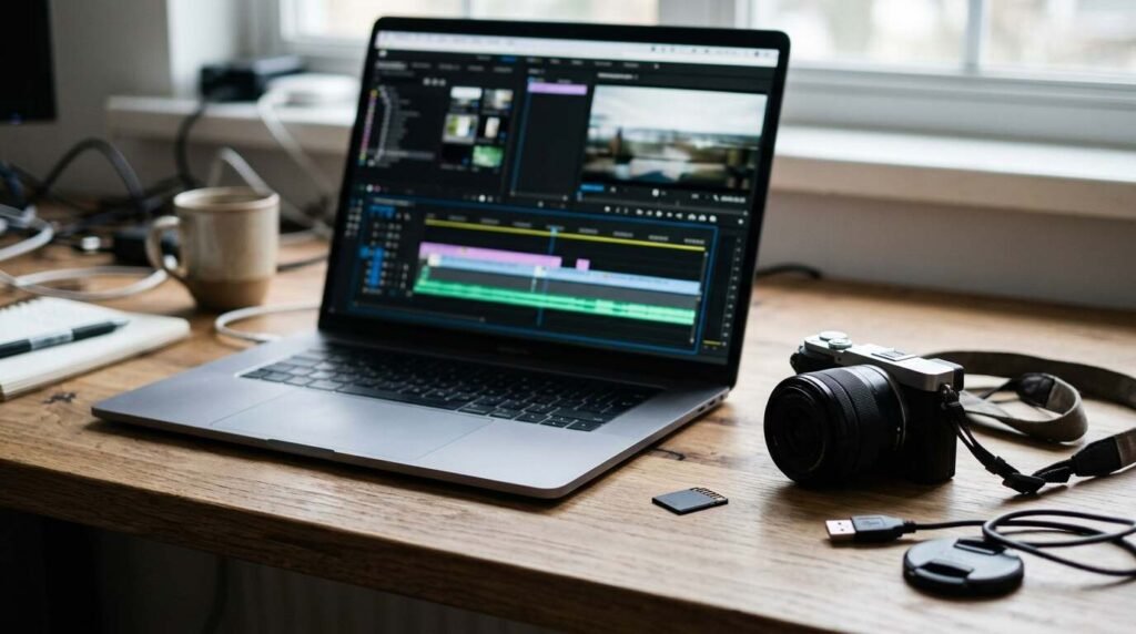 Laptop showing a panoramic video editing timeline beside a camera