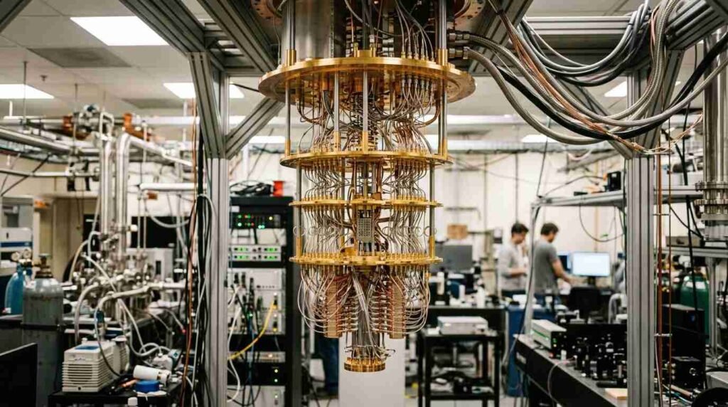 Gold-plated dilution refrigerator hanging in a quantum lab