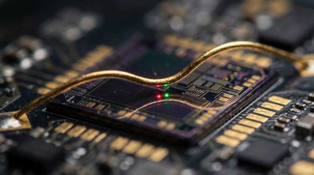 Gold microwave wire over a tiny chip with a glowing spot
