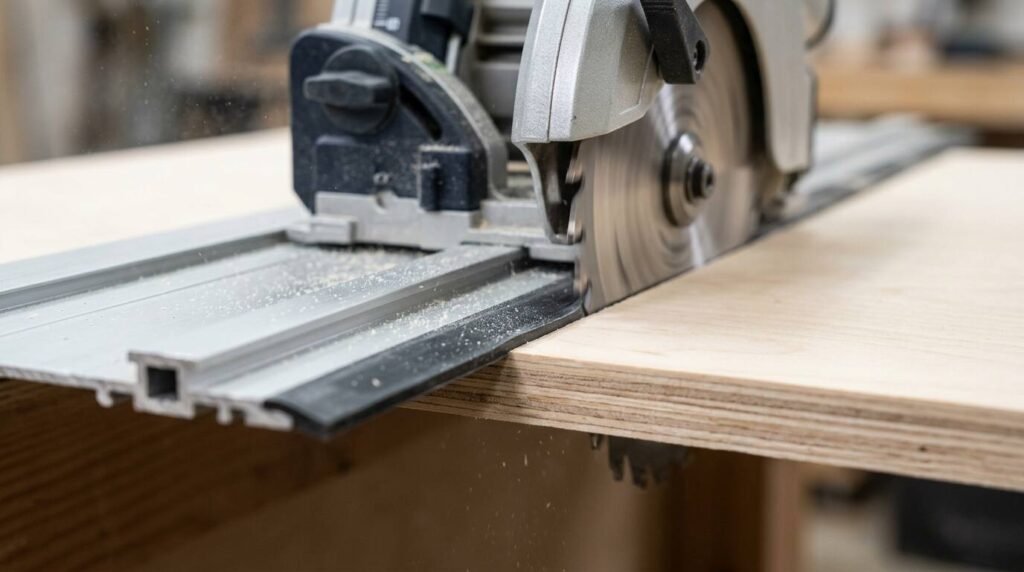 Saw blade plunging into birch plywood with a clean edge