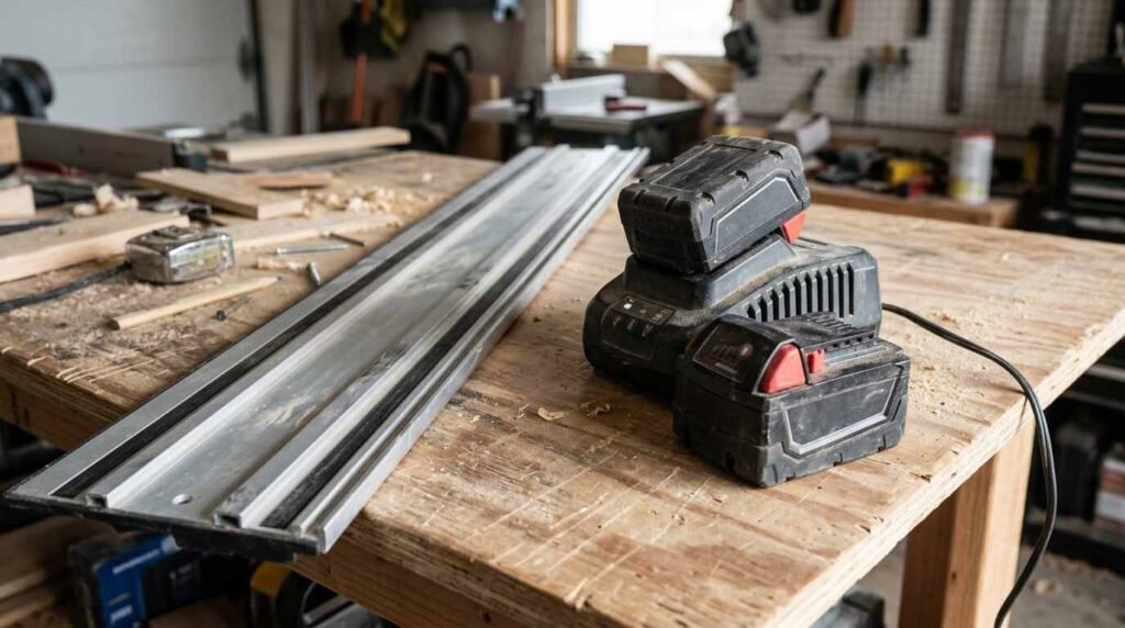 Cordless tool battery pack and charger beside a guide rail