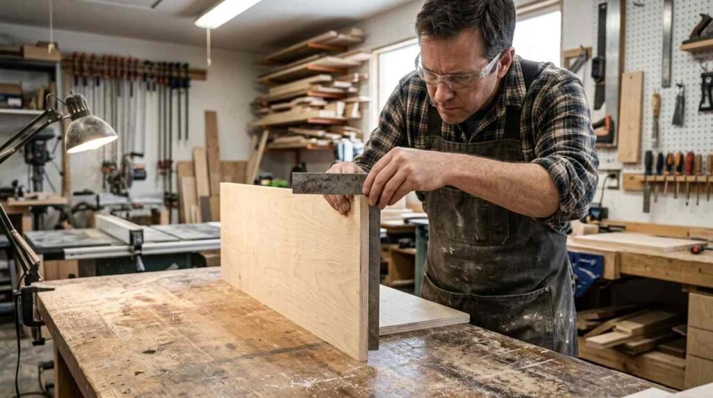 Woodworker checking a straight cut on a cabinet panel